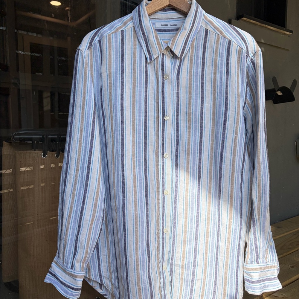Samsøe Samsøe Striped 100% Linen Button Down Shirt in Light Blue/Purple/Cream